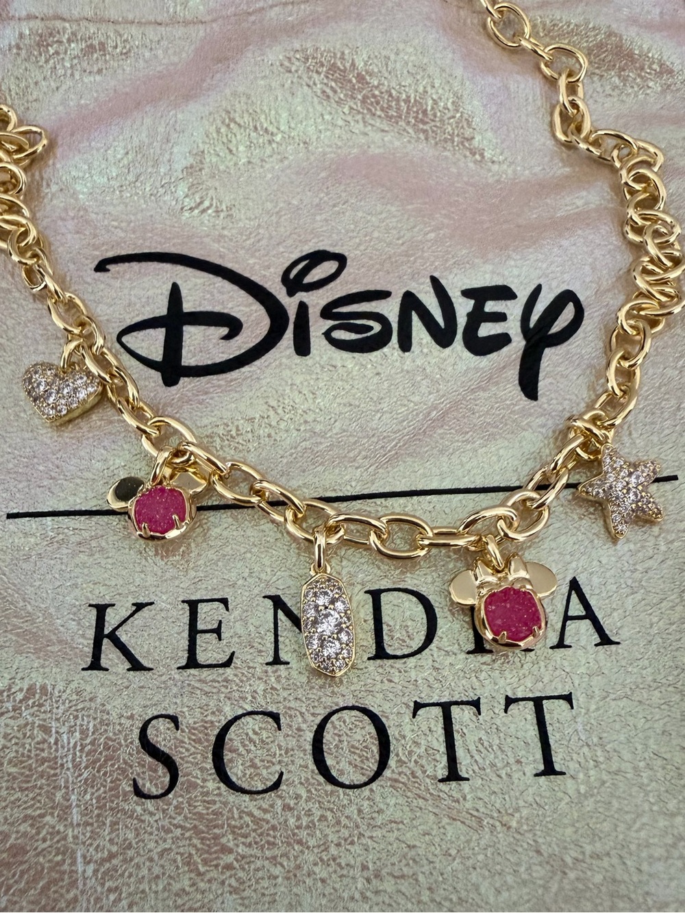 NWT Disney x Kendra Scott Mickey & Minnie Gold Charm Necklace Pink Gold